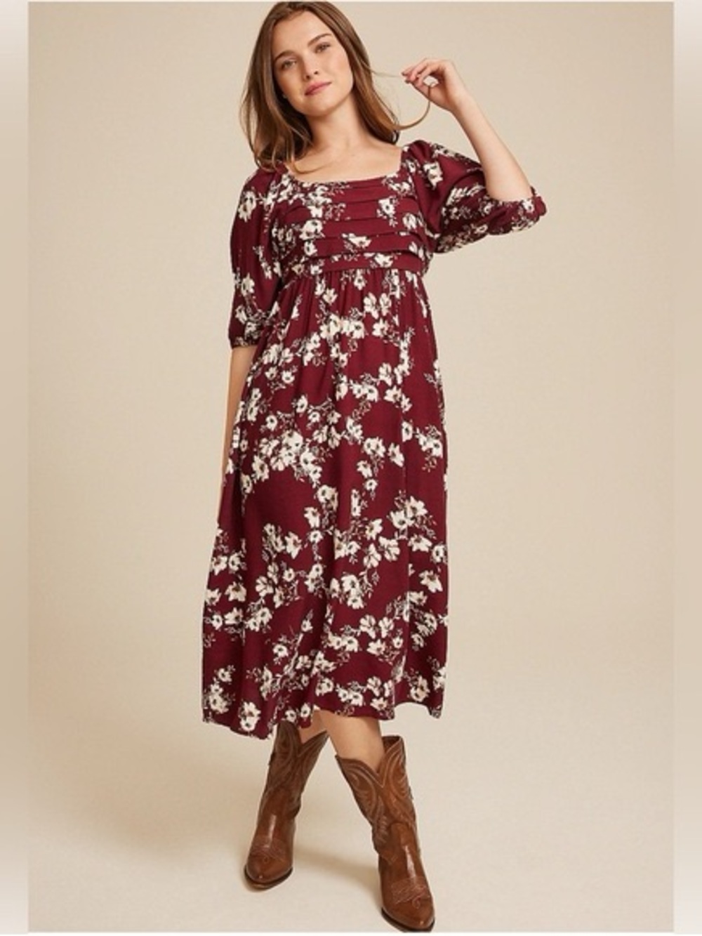 Maurices Burgundy Floral Square-Neck Midi Dress